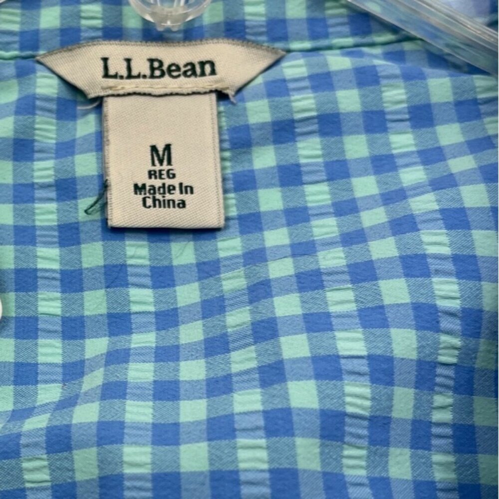 L.L.Bean Womens Medium Button-Up Gingham Shirt Blue & Green Long Sleeve 23i - Picture 5 of 12